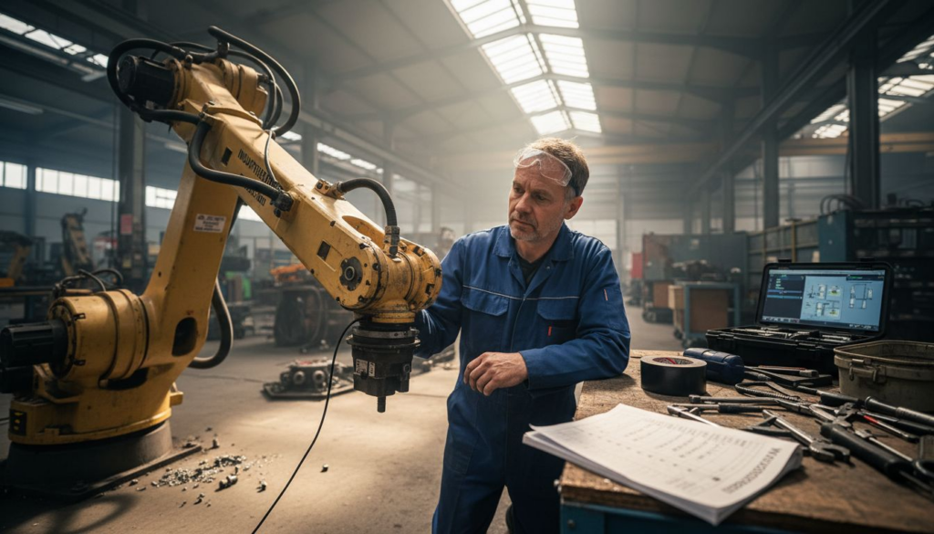 Ein Servicetechniker überprüft die Wartung eines Industrieroboters.