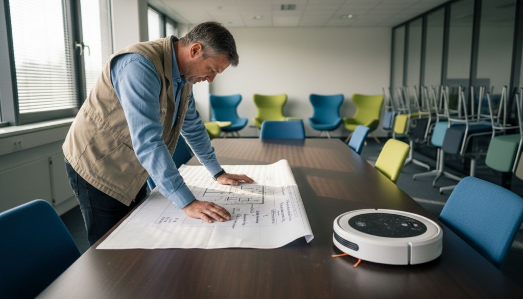 Ein Gebäudemanager prüft, wie Reinigungsroboter im Büro eingesetzt werden können und bewertet deren Effektivität.