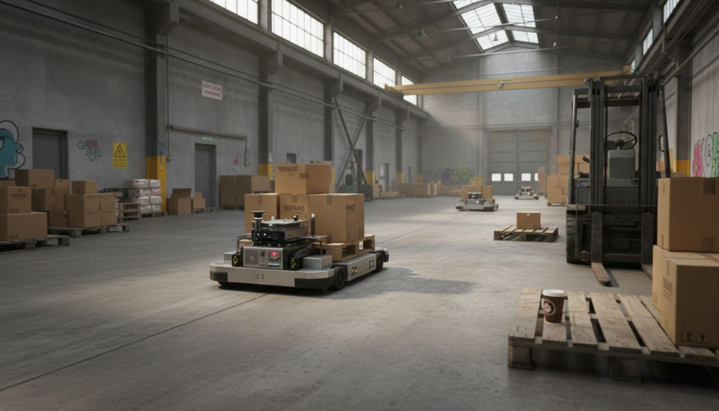 Ein autonomer Transportroboter bewegt sich durch eine echte Lagerhalle.