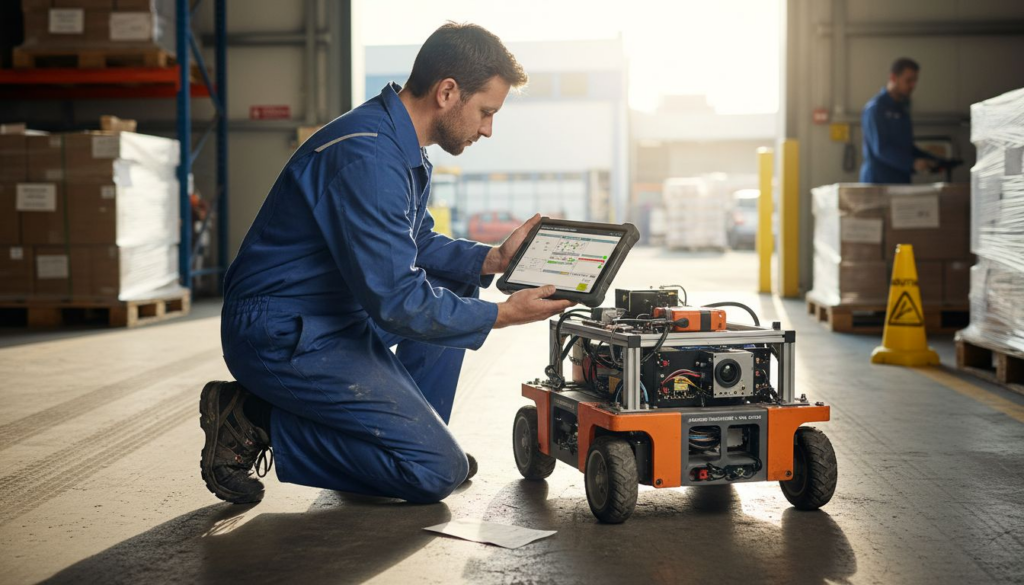 Ein Techniker überprüft einen Transportroboter im Lager.