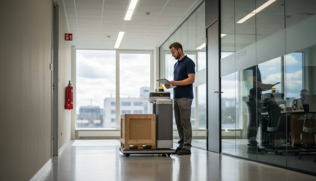 Der Gebäudemanager überprüft die Sicherheit des Transportroboters.