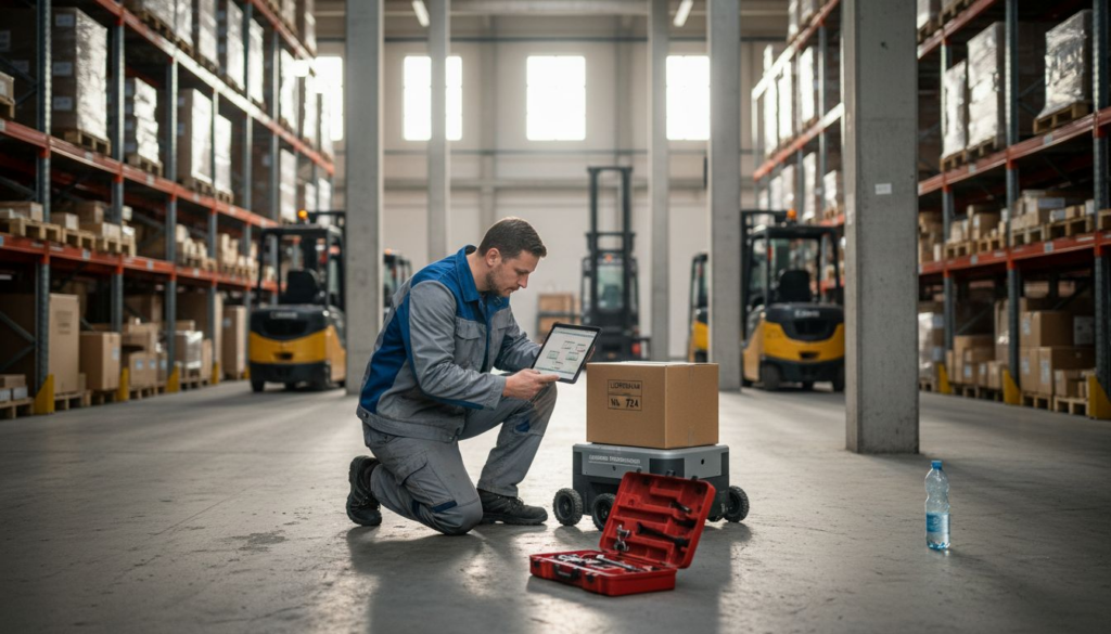 Ein Mitarbeiter kontrolliert einen Roboter in der Lagerhalle.