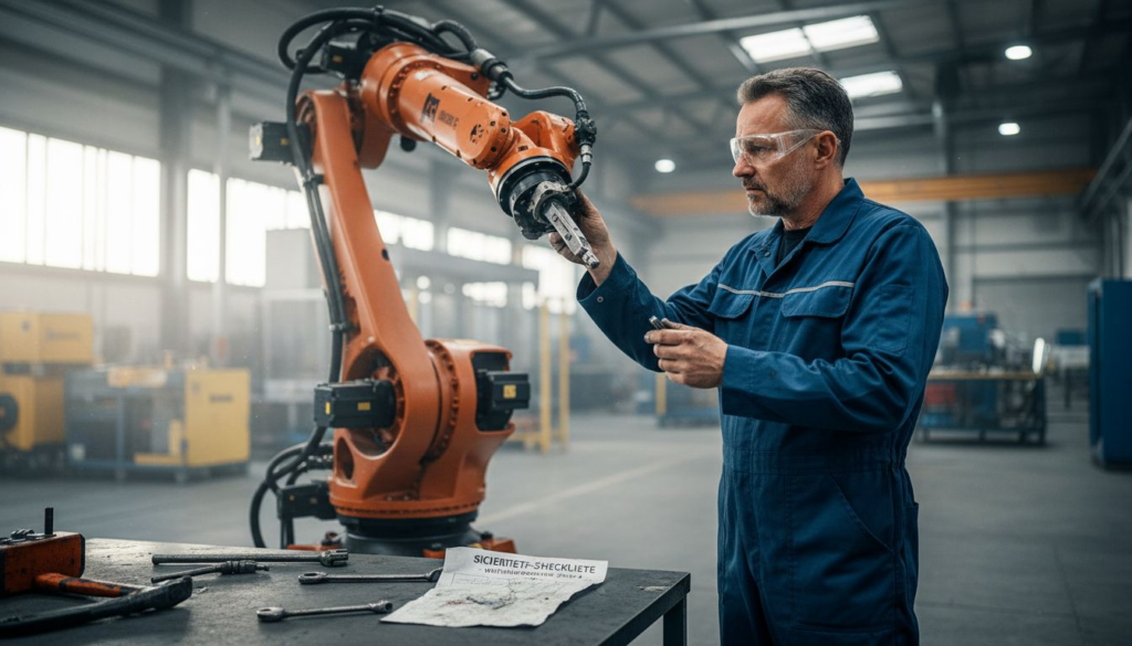 Ein Ingenieur führt eine Sicherheitsüberprüfung an einem Industrieroboter durch.