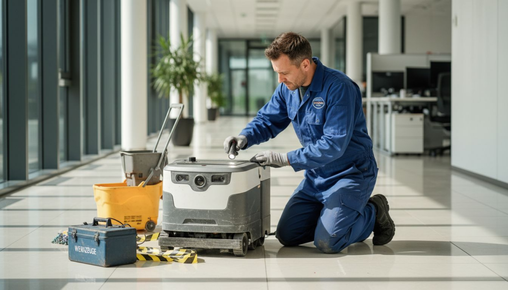 Ein Servicetechniker führt Wartungsarbeiten an einem Reinigungsroboter im Büro durch.