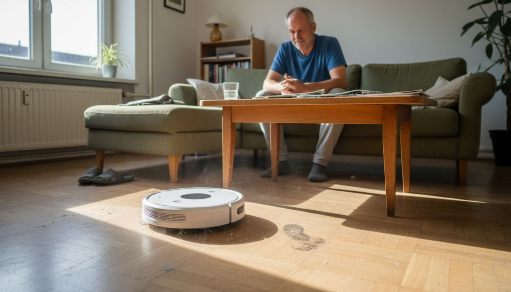 Ein Mann beobachtet, wie sein Saugroboter die Wohnung sauber macht.