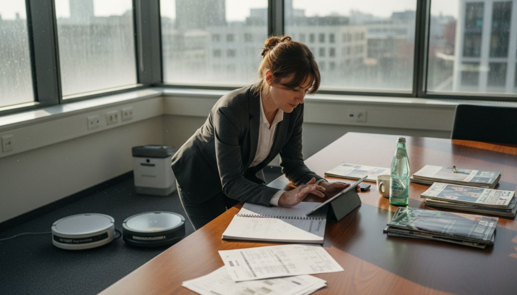 Ein Manager sitzt am Schreibtisch im Büro und vergleicht zwei verschiedene Putzroboter miteinander.