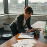 Ein Manager sitzt am Schreibtisch im Büro und vergleicht zwei verschiedene Putzroboter miteinander.