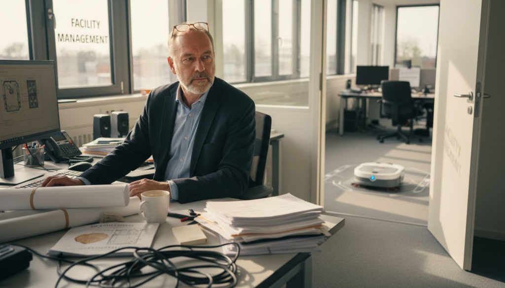 Ein Facility Manager begleitet die Einführung von Reinigungsrobotern und überwacht deren Einsatz im Gebäude.