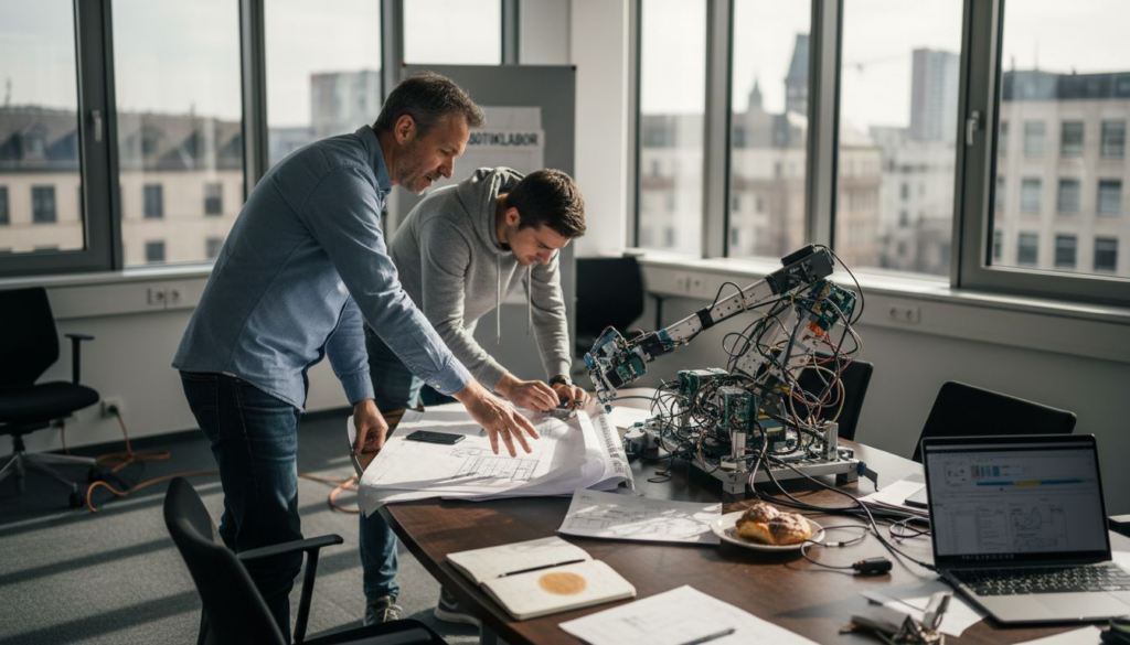 Ein Team bespricht im Büro gemeinsam den aktuellen Stand ihres Robotik-Projekts.