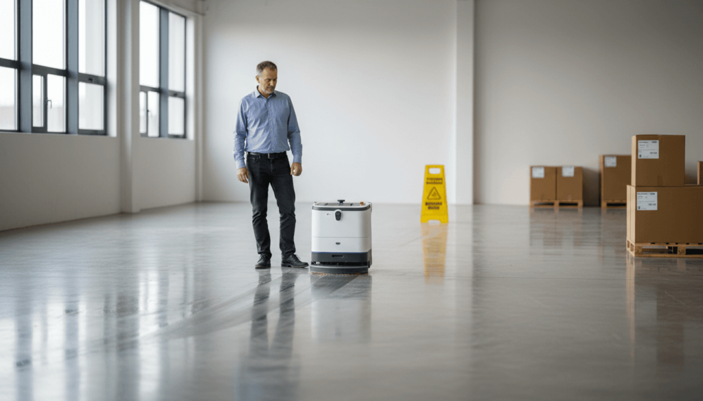 Ein Facility-Manager behält den Einsatz von Reinigungsrobotern in der Lagerhalle im Blick.