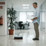 Ein Hausmeister beaufsichtigt den Einsatz eines Reinigungsroboters im Flur.