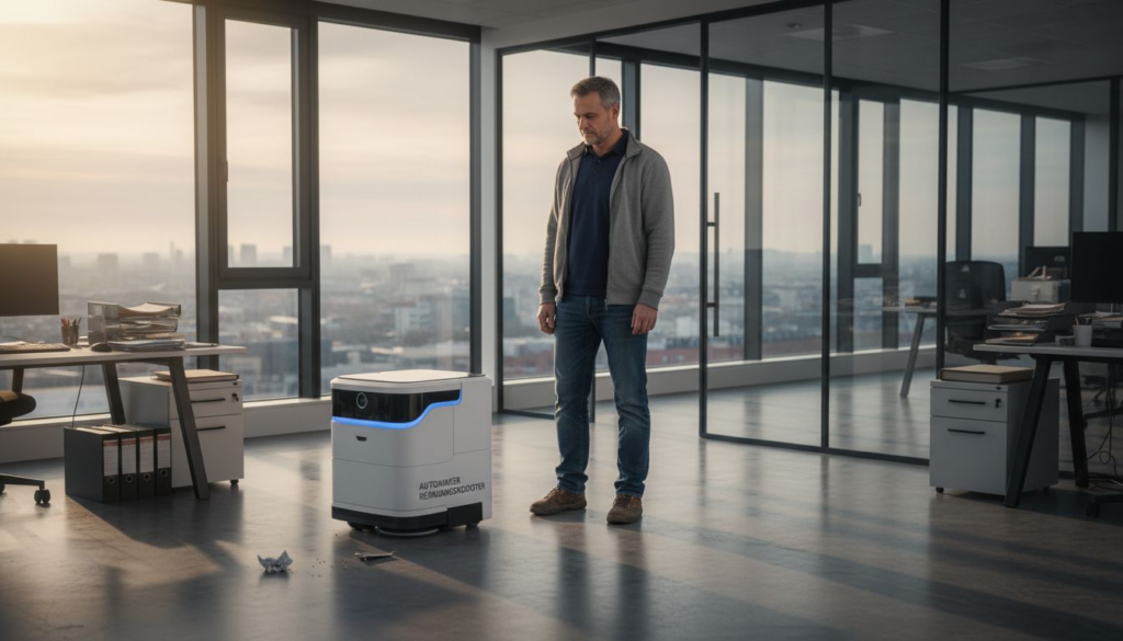 Der Gebäudemanager beobachtet, wie der Reinigungsroboter seine Runden im Büro dreht.