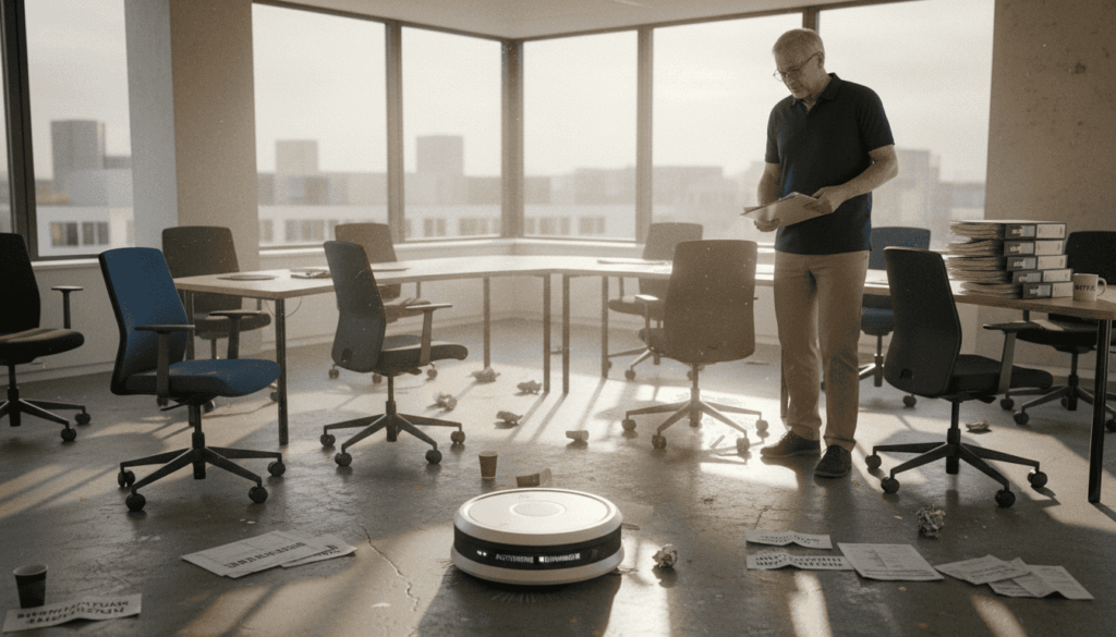 Ein Gebäudemanager überwacht den Arbeitsbereich eines Reinigungsroboters.