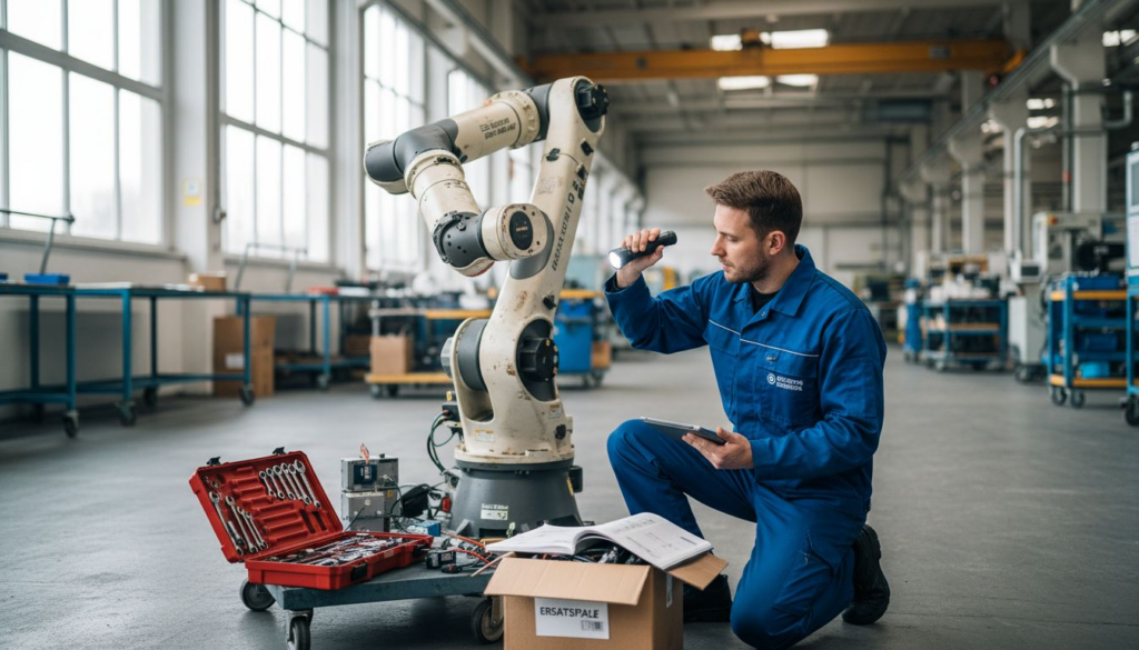 In einer lichtdurchfluteten Fertigungshalle nimmt ein Techniker den Roboter genau unter die Lupe.