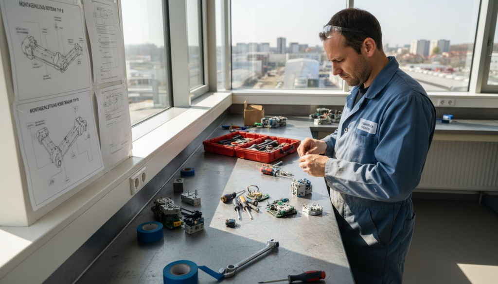 Ein Techniker montiert im Labor flexible Roboterarme und setzt dabei einzelne Module zu einem funktionierenden System zusammen.