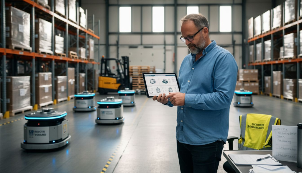 Ein Lagerleiter prüft den Einsatz von Robotern in einem geschäftigen Warenlager.