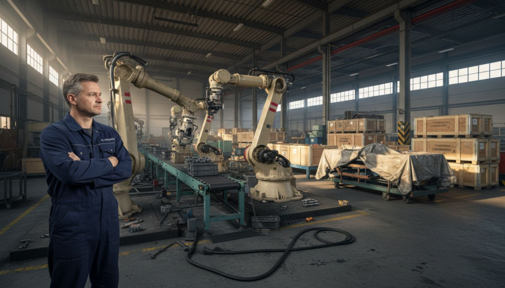 Der Produktionsleiter behält die Roboter in der Fertigungshalle im Blick.