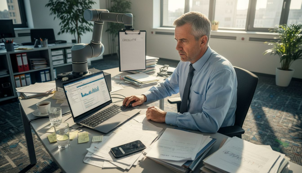 Der Betriebsleiter analysiert im Büro die aktuellen Daten der Roboter.