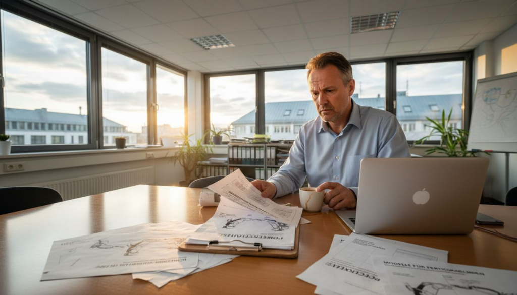 Ein Manager erstellt im Büro eine Checkliste für den Einsatz von Robotik.