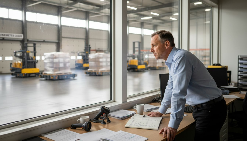Ein Manager sitzt an seinem Schreibtisch und behält die Roboter im Lager im Blick.