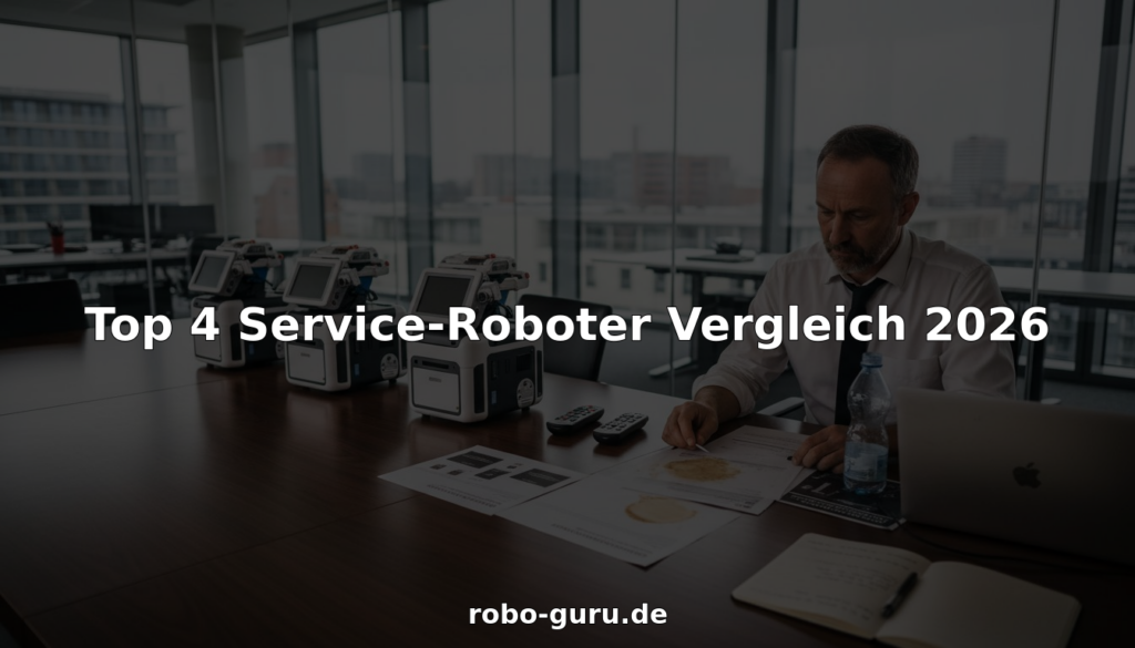 Auf dem Besprechungstisch im Büro stehen vier Serviceroboter.