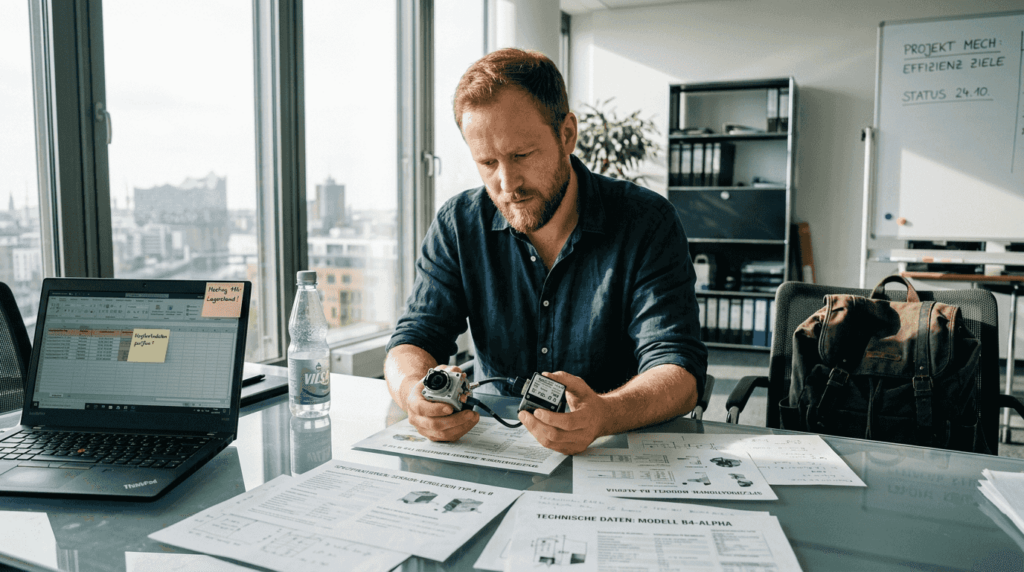 Ein Manager sitzt am Konferenztisch und vergleicht verschiedene Bauteile für Roboter.