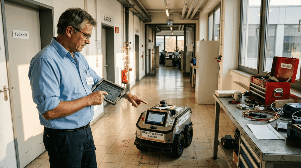 Der Haustechniker inspiziert den Roboter im Technikgang.