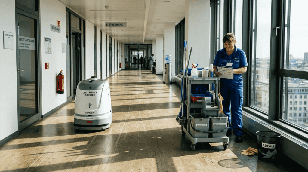 Ein Service-Roboter rollt durch den Büroflur und erledigt seine Aufgaben.
