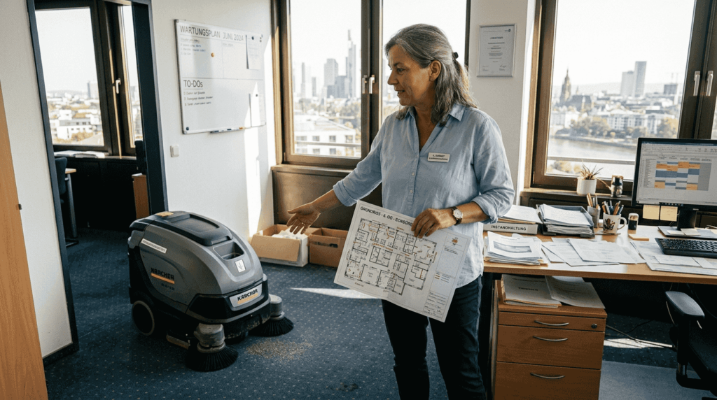 Der Hausmeister begutachtet den Roboter und überprüft den Gebäudegrundriss.