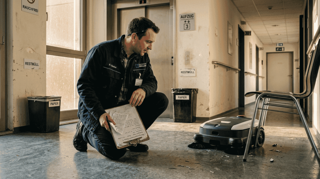 Ein Hausmeister beobachtet, wie ein Reinigungsroboter den Flur entlangfährt.