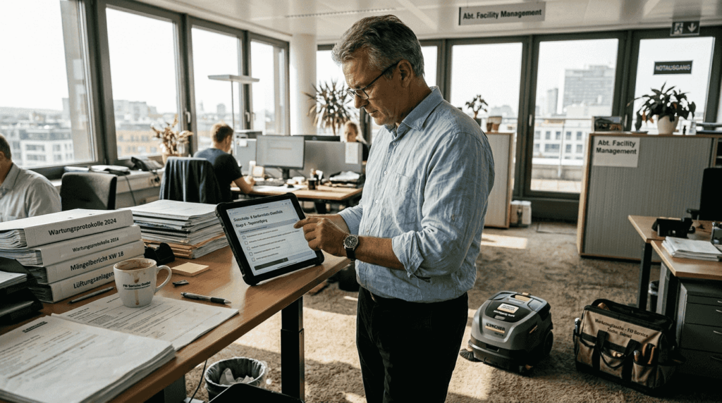 Der Gebäudemanager überprüft, ob die Roboter im Büro alle Vorschriften und Sicherheitsstandards einhalten.