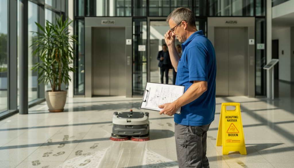 Ein Techniker überwacht den Einsatz eines Reinigungsroboters im Atrium des Bürogebäudes.