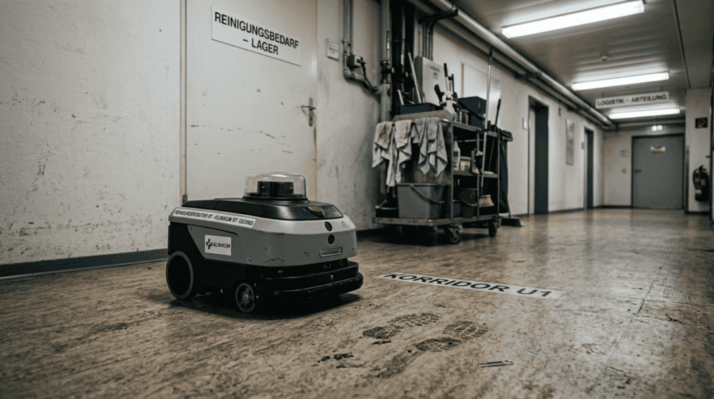 Ein Reinigungsroboter mit LiDAR-Sensor fährt eigenständig durch den Flur und orientiert sich dabei präzise an seiner Umgebung.