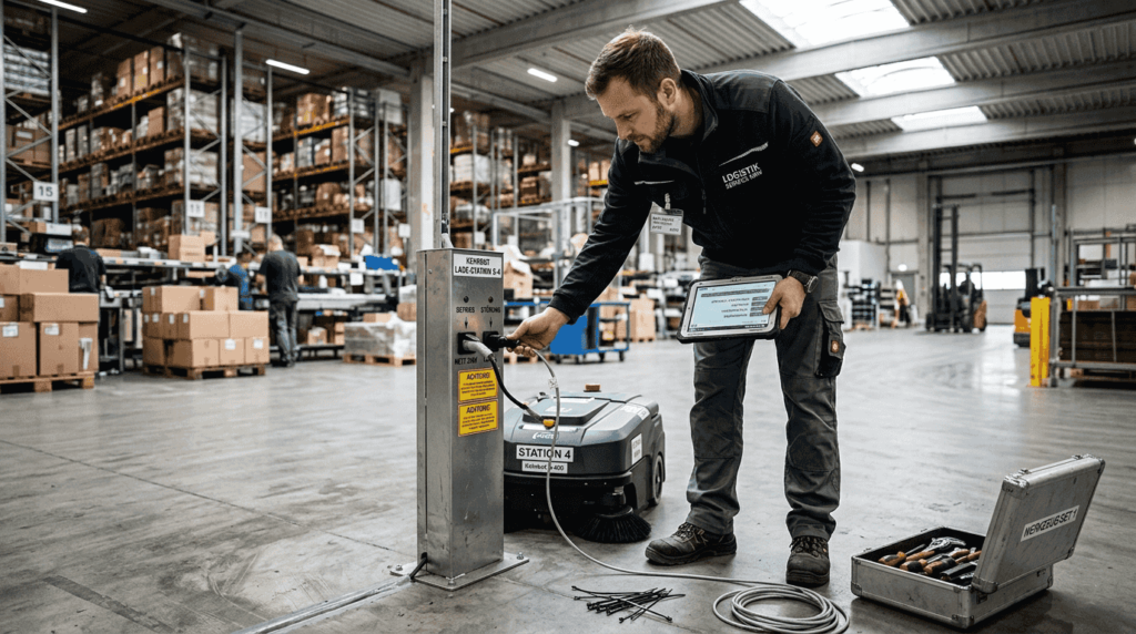 Ein Servicetechniker überprüft einen Reinigungsroboter auf seine Funktionstüchtigkeit.