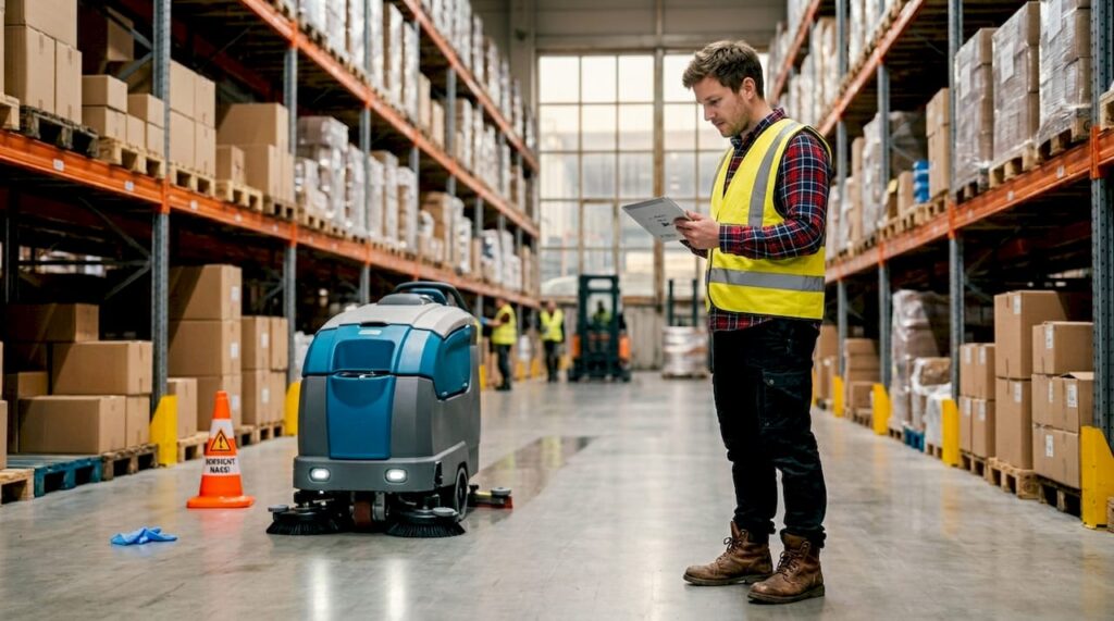 Ein Techniker überwacht den Einsatz eines Reinigungsroboters in der Fabrik.