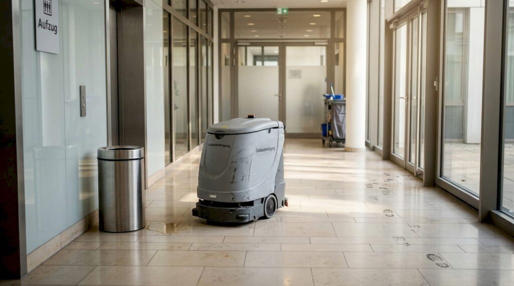 Ein Reinigungsroboter ist auf dem Flur im Büro im Einsatz.
