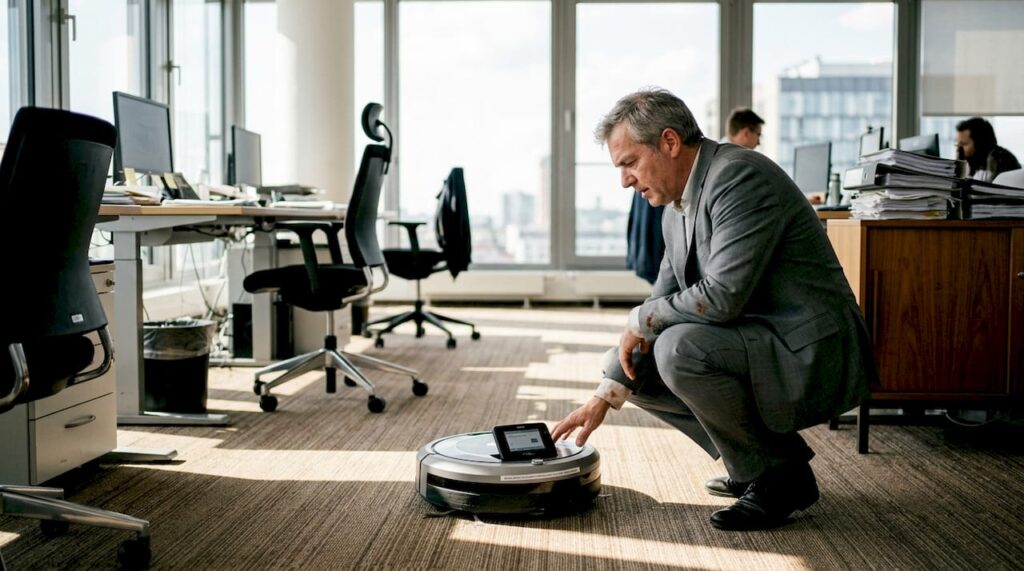 Ein Serviceroboter sorgt gemeinsam mit dem Manager für Sauberkeit im Büro.